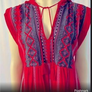 Free People Red Midi Dress with Purple Embroidery